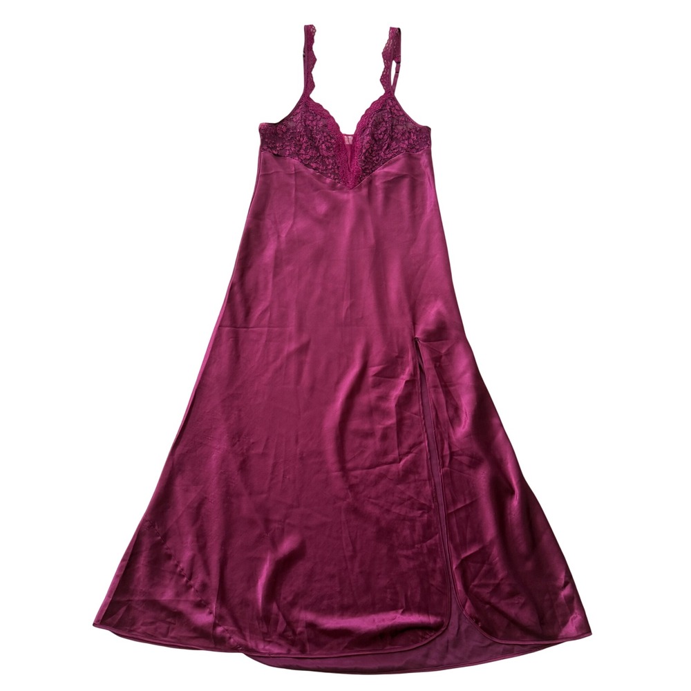 Victoria's Secret Gold Label Slip Dress Lace High Slit Large Burgundy 80s vtg